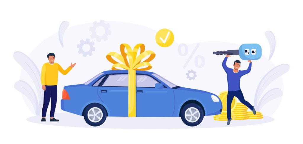 An illustration shows a happy couple celebrating the gift of a new car!