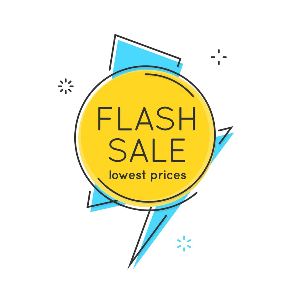 A cartoon drawing advertises  a flash sale that boasts the 'lowest prices'.