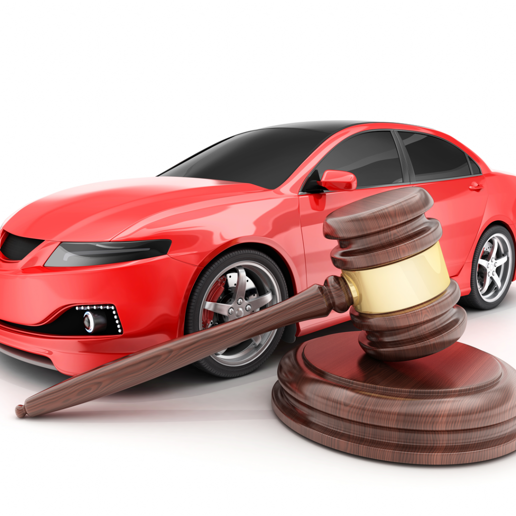 An auction gavel sits in front of a red sports car-which happens to be an item you can bid on using DealDash!