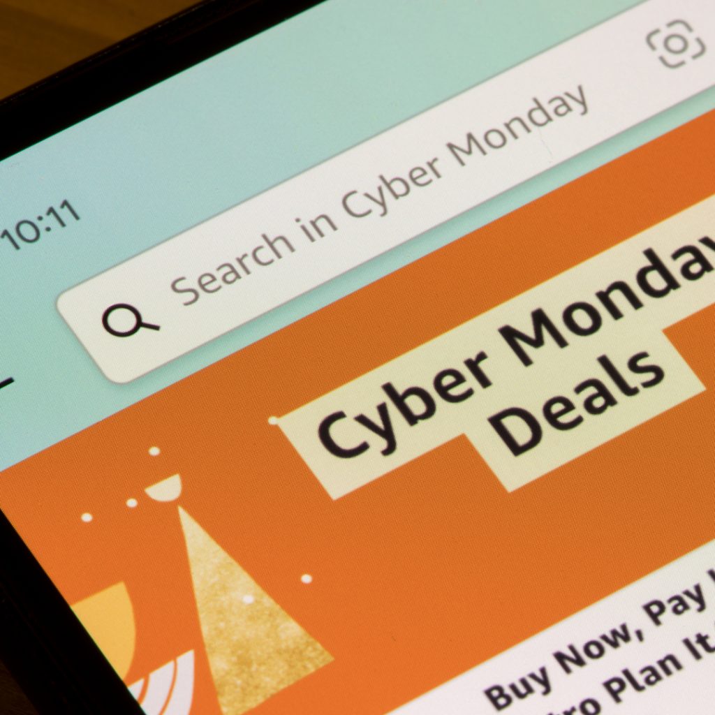 A computer screen searched for Cyber Monday Deals on the internet.
