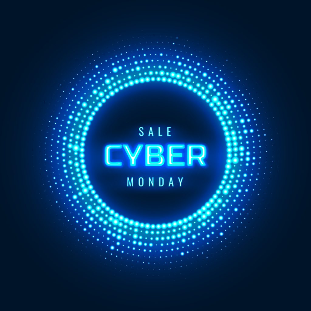 A digital ring of blue flame and text announce the arrival of a Cyber Monday Sale.