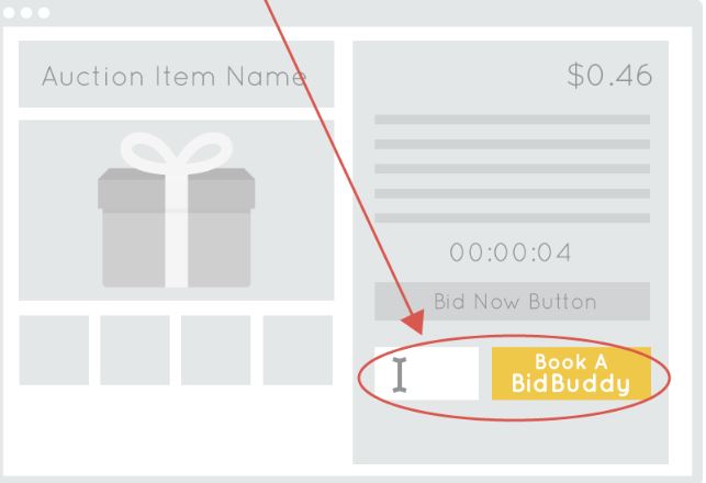 A cartoon graphic illustrating how to book the DealDash BidBuddy.