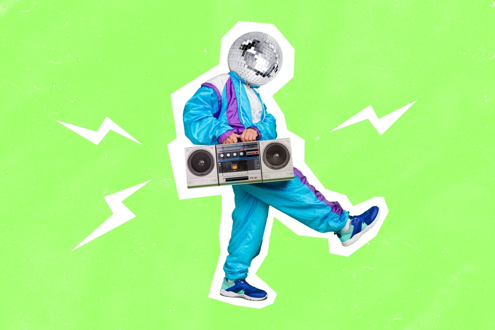 A bright image of a man holding a boom box shows that retro style is new and cool again!