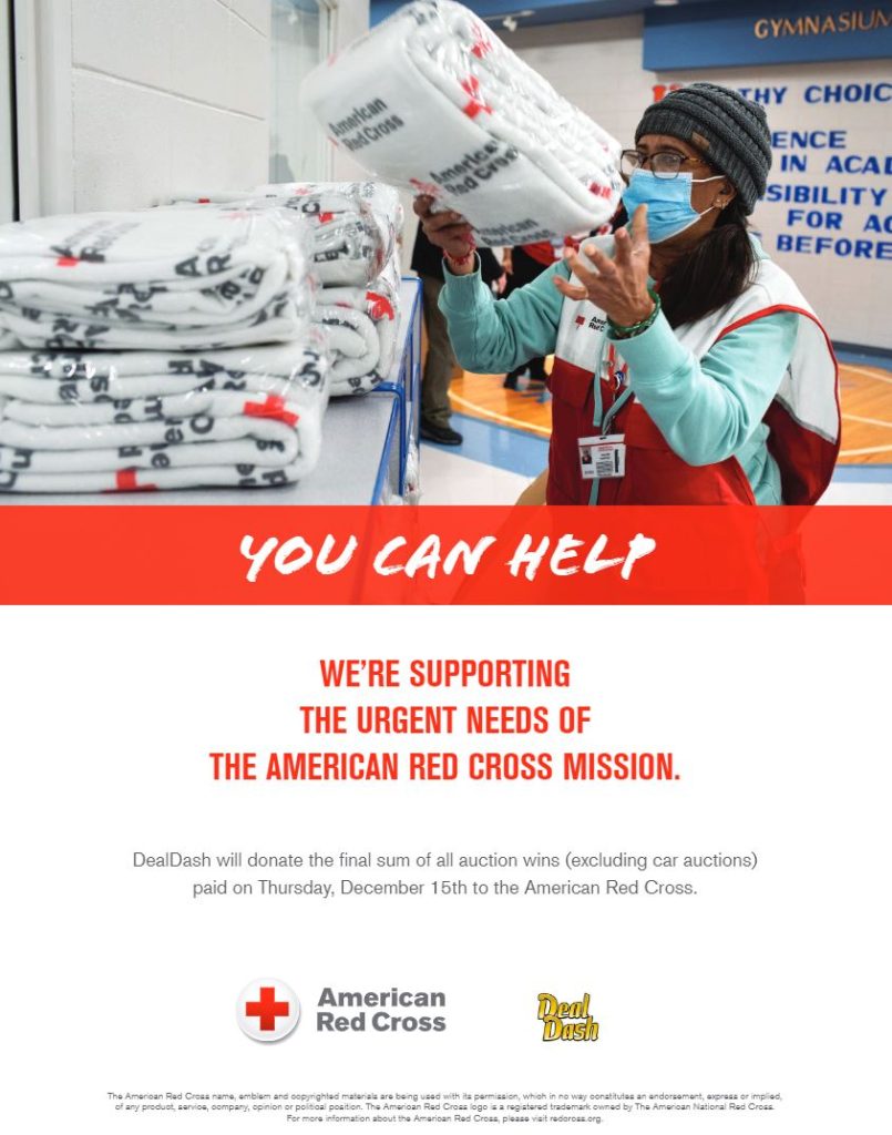 A flyer announces DealDash donating to the Red Cross this year.