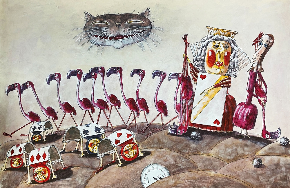 An illustration depicts Alice in Wonderland watching flamingos and interaxting with the cheshire cat.