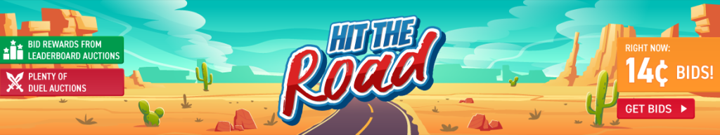 A sale banner on DealDash advertises the Hit the Road Sale.