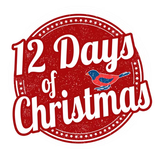 A red logo with a pretty bird promotes the 12 Days of Christmas.