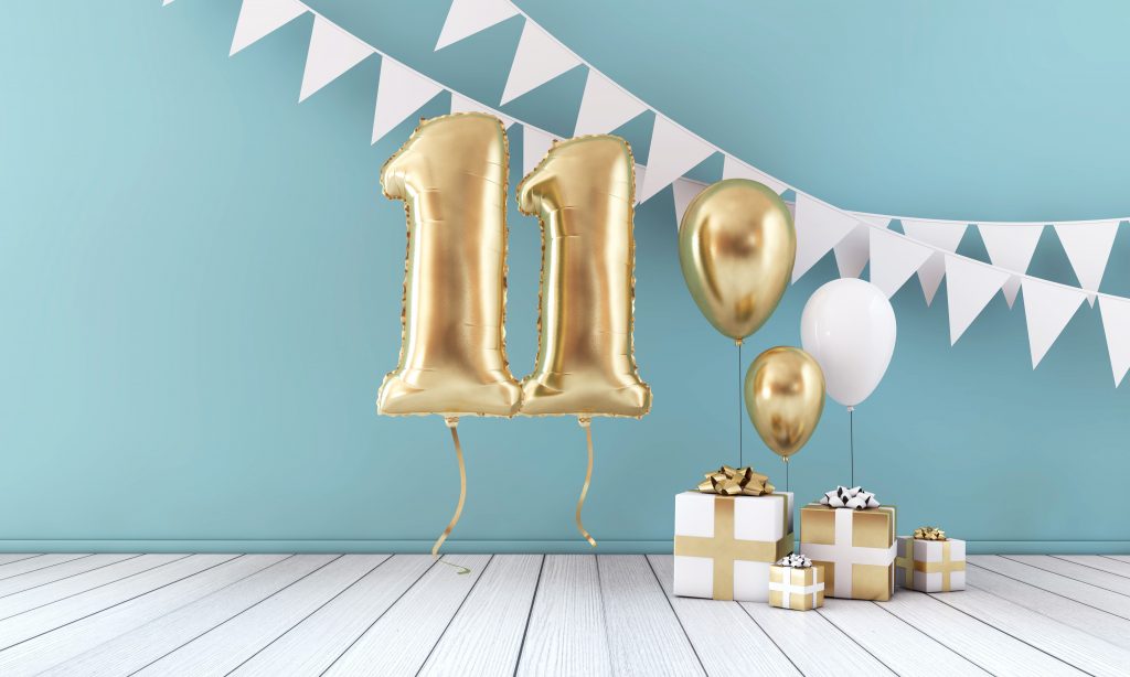 Balloons and gifts sit in a room and create excitement about the 11 Years of DealDash Promotion.