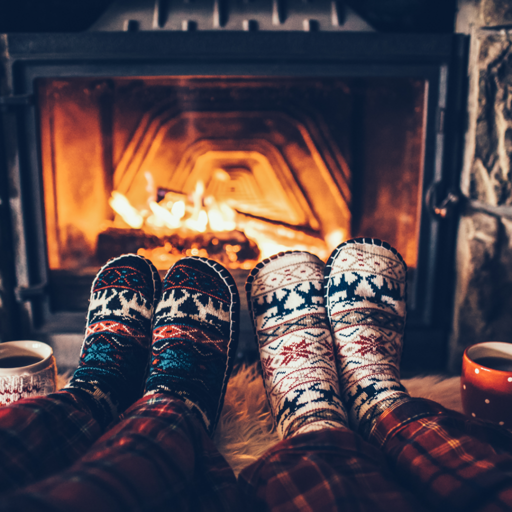 Two pairs of feet warm themselves in front of a fireplace.