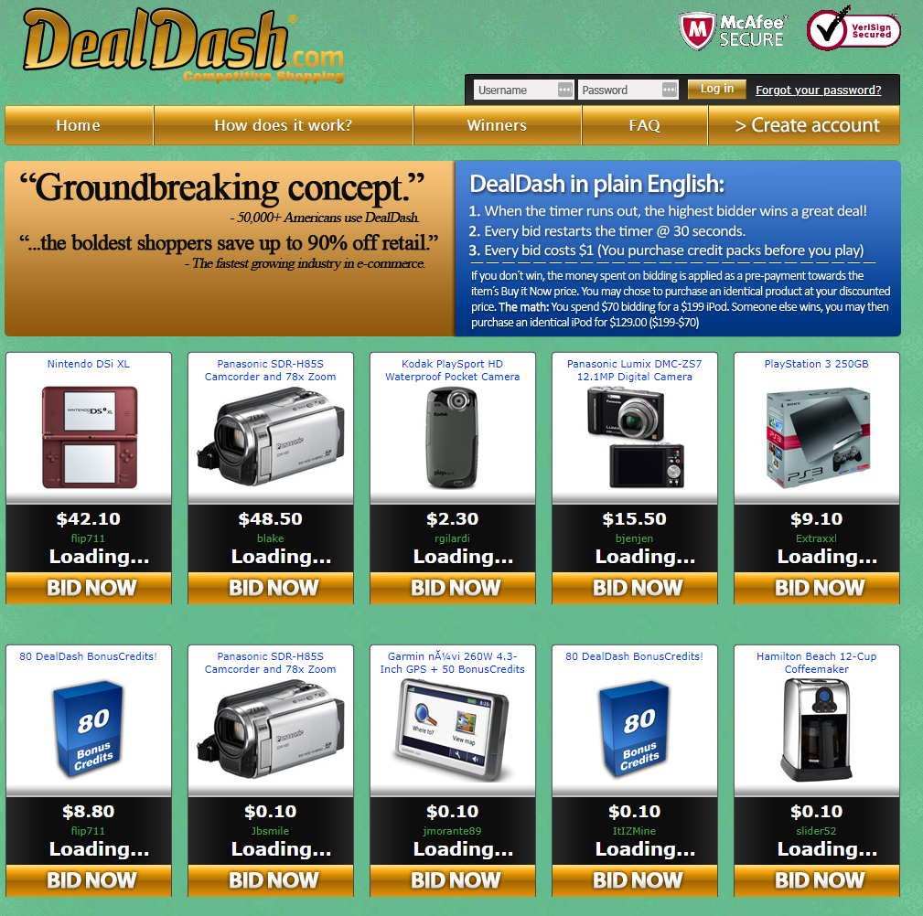 The DealDash website shown as it appeared in 2009.