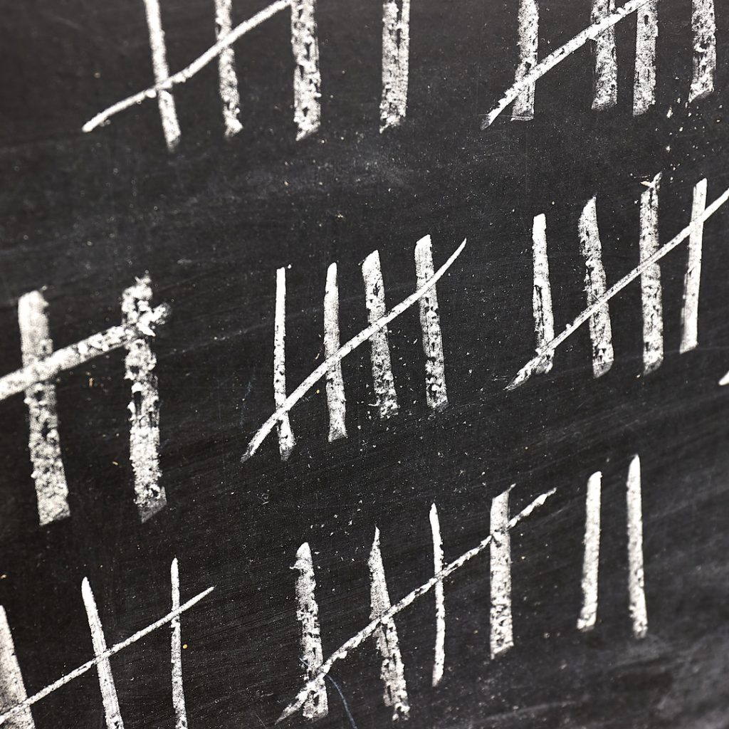 A chalk board with talleys keep track of the score during a competition
